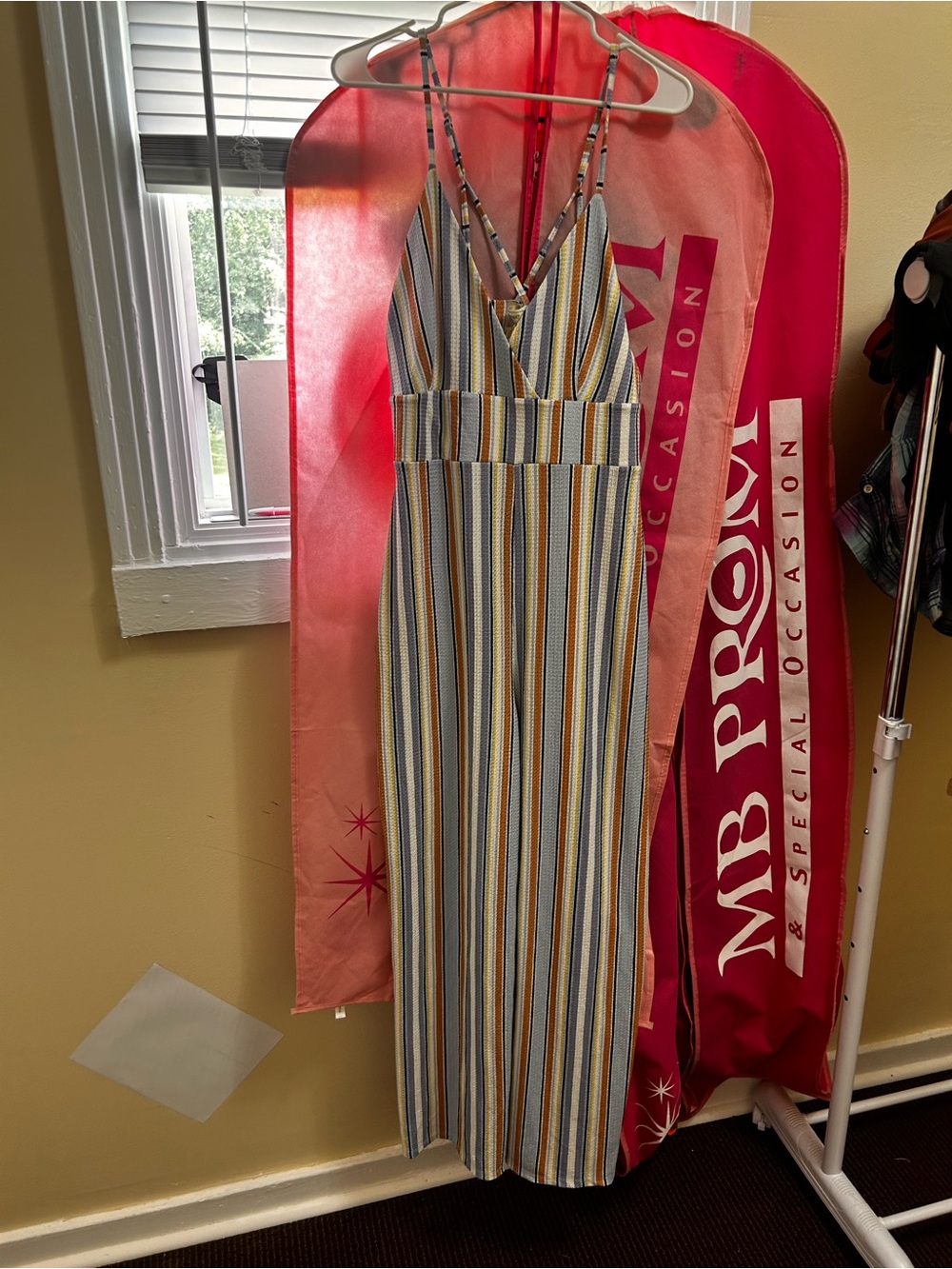 Striped V-Neck Spaghetti Strap Jumpsuit in Blue and Yellow